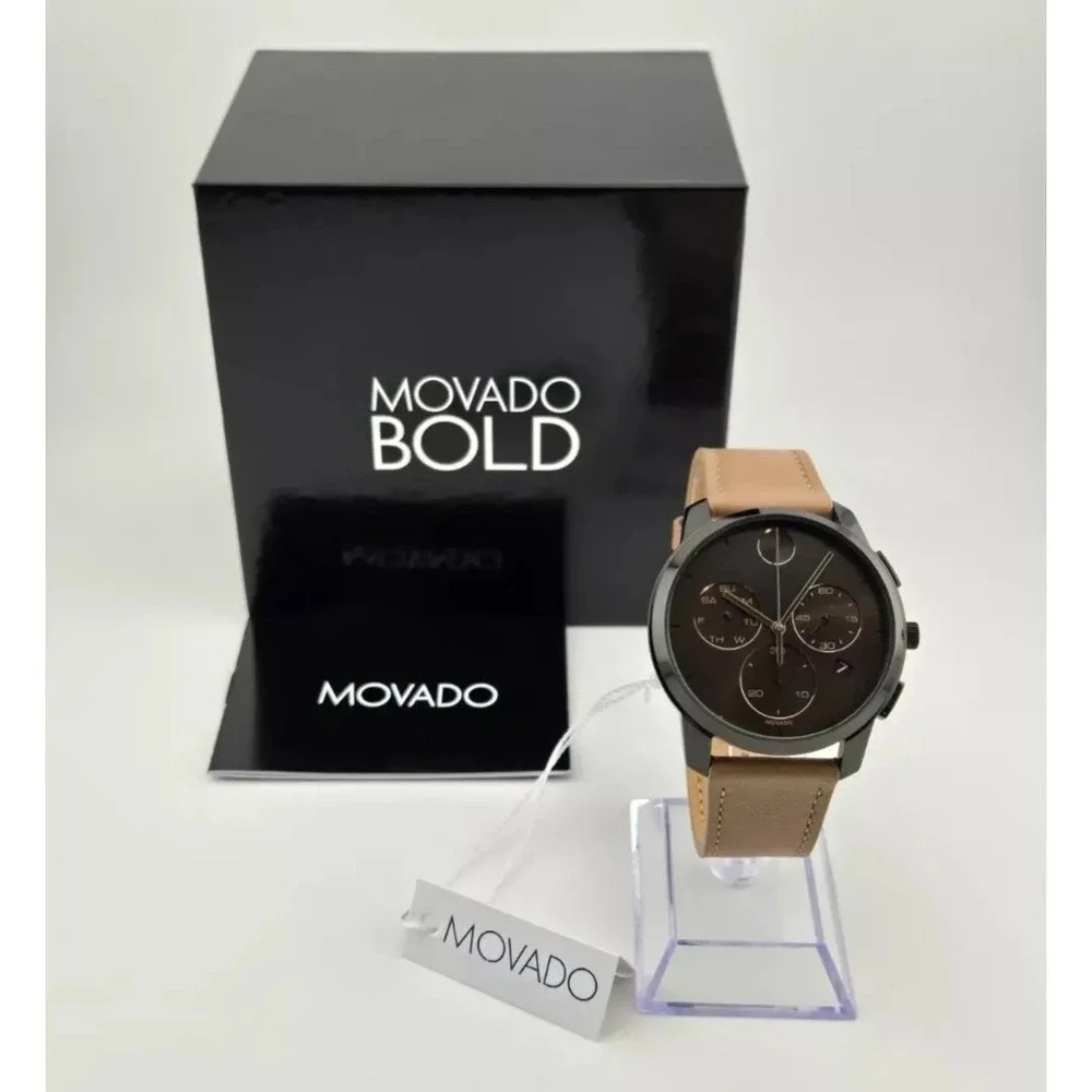Movado Bold Chronograph 3600719 Black Dial Beige Leather Strap Watch NIB $695